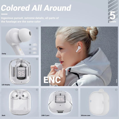 Air31 T6 Crystal Wireless Earphones Bluetooth 5.3 Earbuds with LED Display – Stereo Sound & Fast Charging