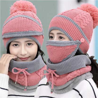 3 Pcs Wool Beanie, Neck Warmer & Face Mask Set – Women’s Winter Warm Plain Knitted Cap | Soft, Cozy & Windproof Cold Weather Set