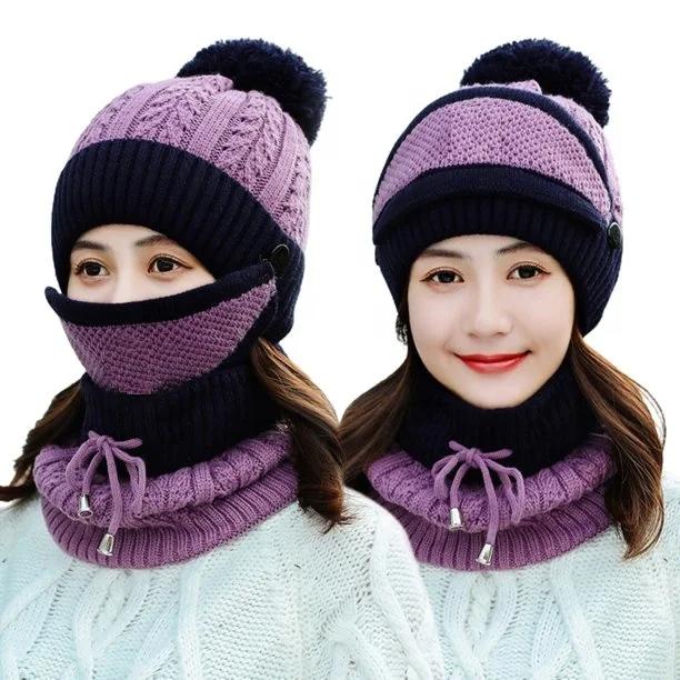 3 Pcs Wool Beanie, Neck Warmer & Face Mask Set – Women’s Winter Warm Plain Knitted Cap | Soft, Cozy & Windproof Cold Weather Set