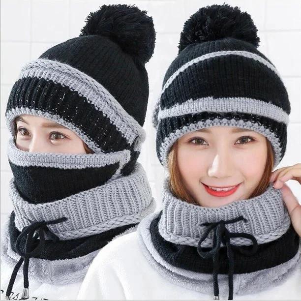 3 Pcs Wool Beanie, Neck Warmer & Face Mask Set – Women’s Winter Warm Plain Knitted Cap | Soft, Cozy & Windproof Cold Weather Set